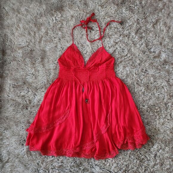 Free People High Risk Red Halter Top Mini Dress Lace Trim Women's Size Small - Picture 1 of 10